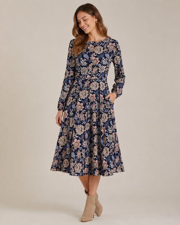 Eliza J Dresses & Skirts - Eliza J Blue Pink Floral Long Sleeve Midi Dress Womens 6 Prairie Cottage Core